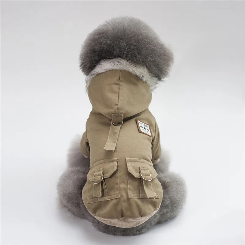 Khaki Осенне-зимняя одежда для собак с меховым капюшоном, куртка для питомца, для маленьких собак, теплый флис, чихуахуа, французская одежда для бульдога, наряды - Цвет: Khaki