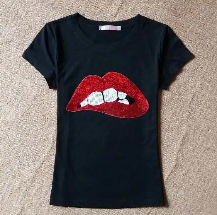 Женская летняя футболка с коротким рукавом и красными блестками|red lip|women summerwomen