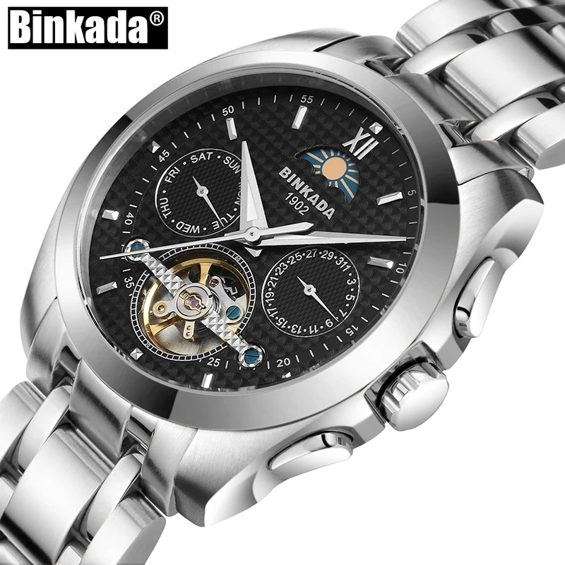 

Men High Quality Skeleton Mechanical Watch Original New Fashion Luxury Brand BINKADA Men Moon Phase Automatic Watches