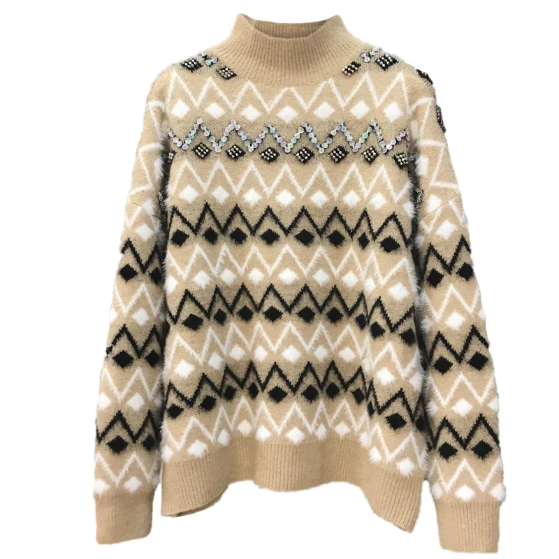 Женский свитер ALPHALMODA свободный с геометрическим узором расшитый блестками