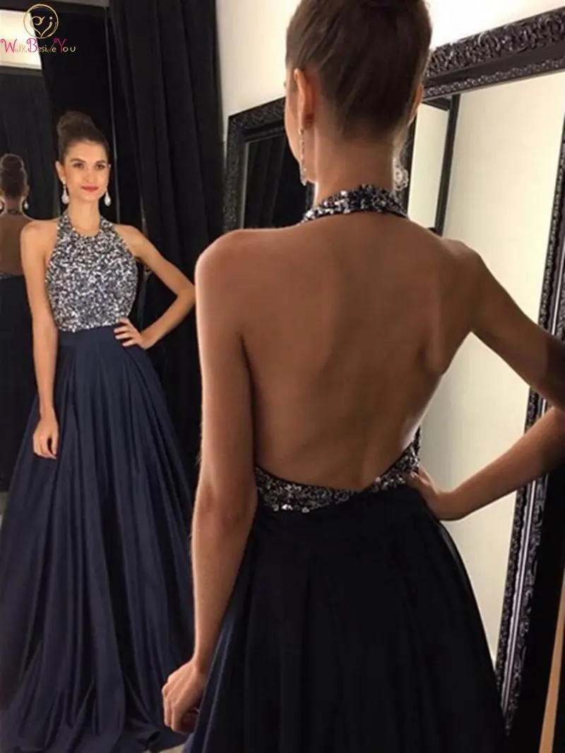 

Navy Blue Prom Dresses 2020 New A Line Sleeveless Halter Neck Sequins Floor Length Long Sexy Backless Satin Formal Evening Gowns