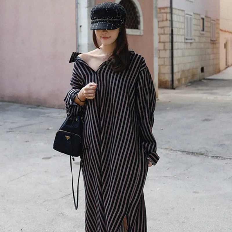 Женское платье-рубашка LANMREM однобортное в полоску с длинным рукавом и отложным