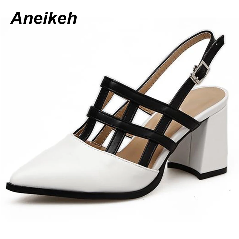 Aneikeh/; женские босоножки; модные летние офисные женские туфли-лодочки с острым носком на высоком квадратном каблуке; Цвет черный, белый; Размеры 35-40