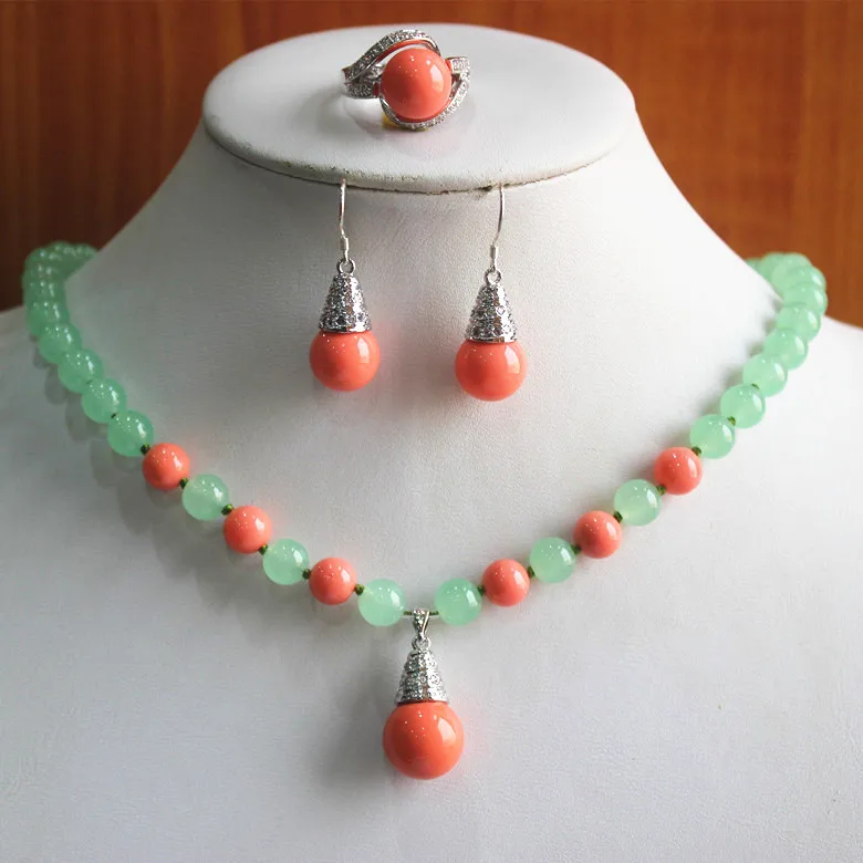 

best gift jewelry set!Wholesale factory price Women's light green jade red Natural /pearl Necklace earring ring(7/8/9) set #114