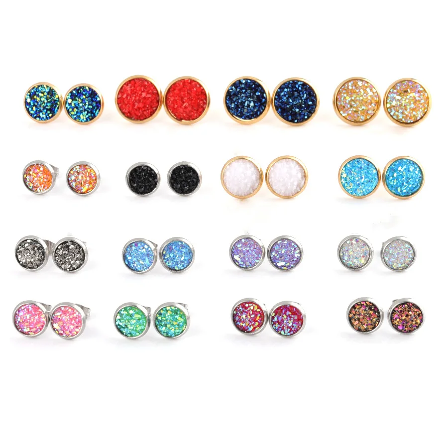 Fnixtar Sparking Crystal Drusy Серьги 8 мм 10 12 смешанные размеры нержавеющая сталь Druzy кварцевые