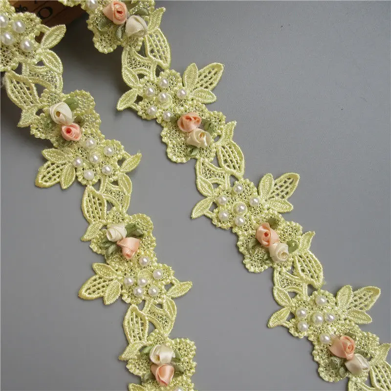 2 ярдов Винтаж желтый цветок жемчужное вышитые бисером Кружево отделка края
