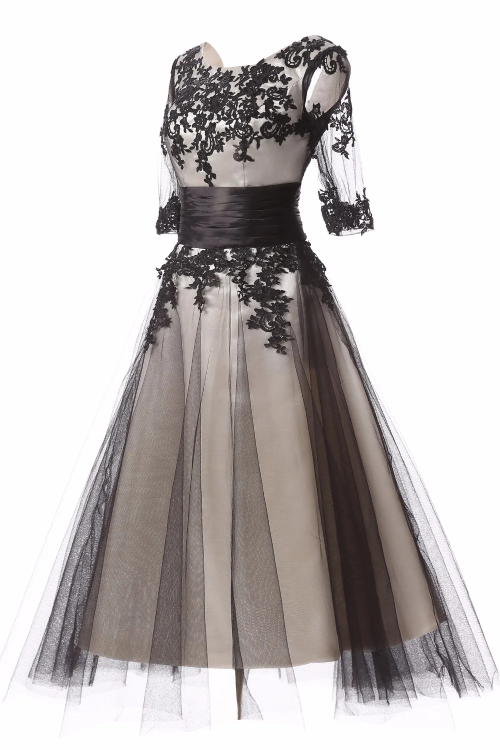 Черные открытые чай Длина вечернее платье Кружева Аппликация Половина рукава