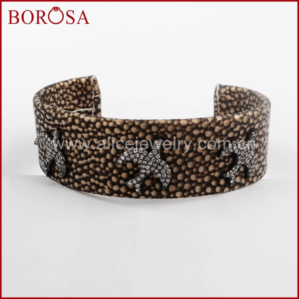 Модный браслет BOROSA 3 шт. ручной работы из рыбной кожи с фианитом и птицами