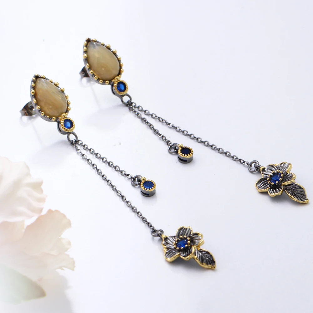 

Long Tassel Vintage Earrings Setting with AAA Cubic Zirconia Black and Gold color Drop Party Earrings Free shipping