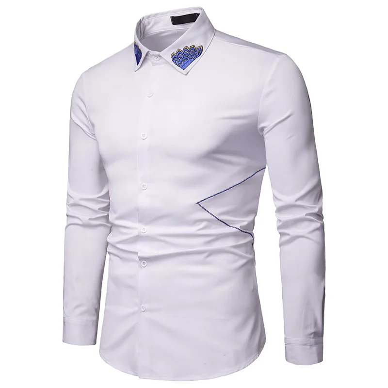 Mens Casual Lapel Embroidered Business Shirts Fashion Black White Large Size Long Sleeve Loose for Young 2019 Spring | Мужская одежда