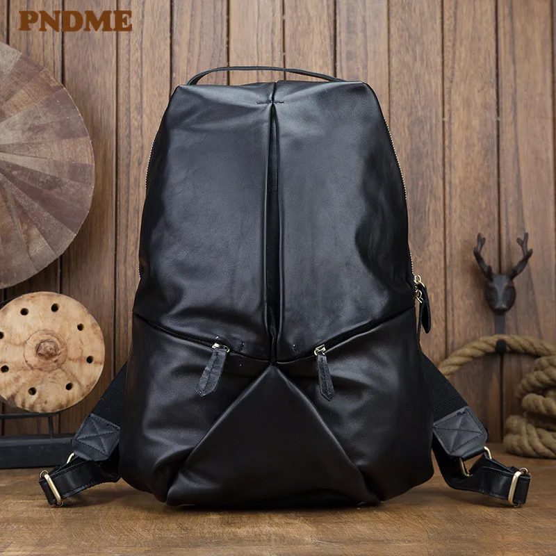 PNDME casual simple top layer cowhide black men's backpack fashion designer handmade genuine leather bagpack laptop bookbag 2019
