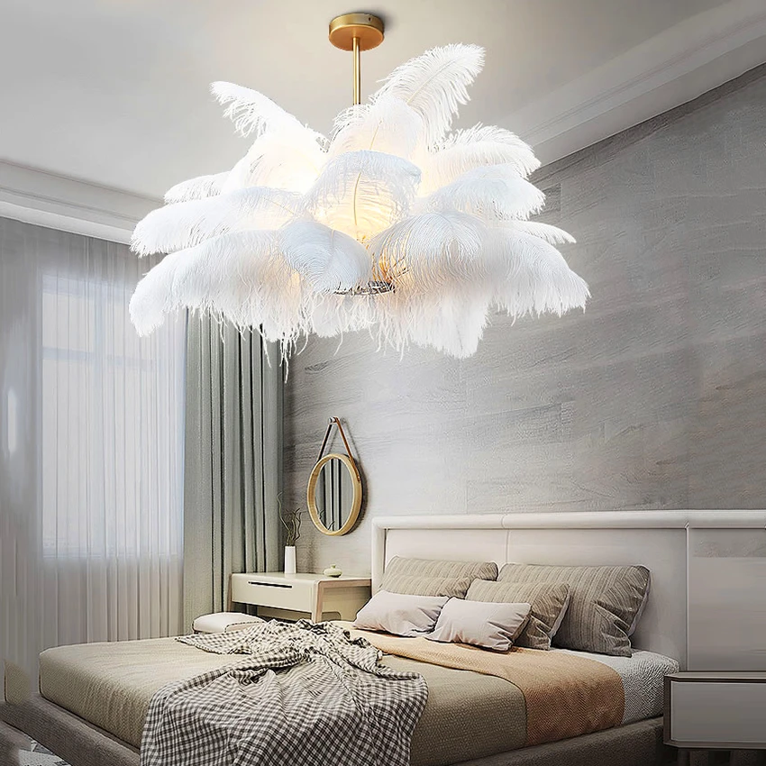 

Nordic Pendant Lights Natural Ostrich Feather Pendant Lamp Living Room Restaurant Hanging Lamp Bedroom Reading Light Fixtures