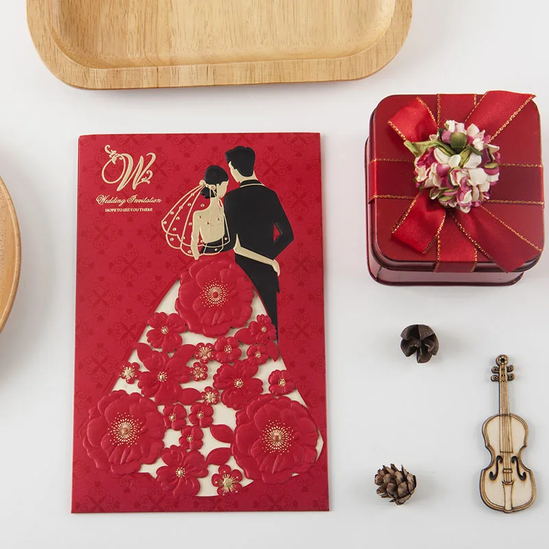 

20pcs Red Laser Cut Luxury Wedding Invitations Bride And Groom Style Wedding Cards Blank Paper Printing Invitation