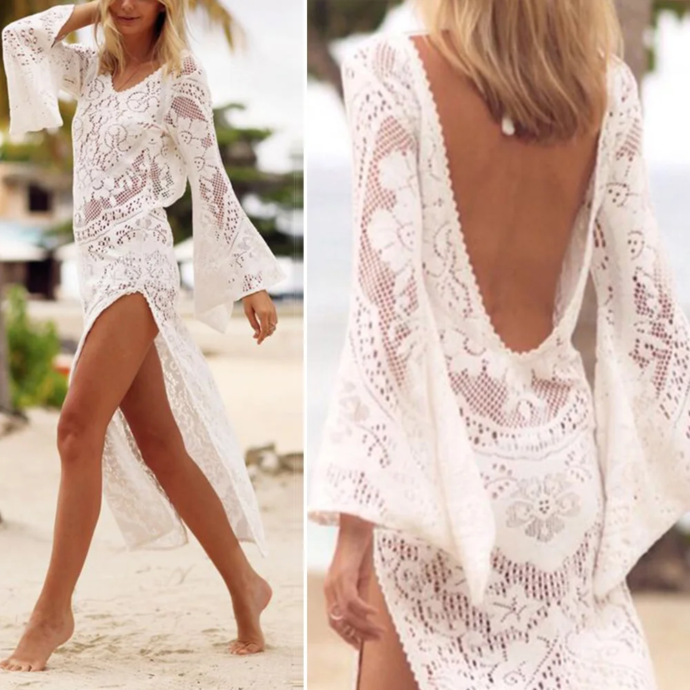 Сексуальное женское платье летнее белое кружевное кроше открытая спина длина до