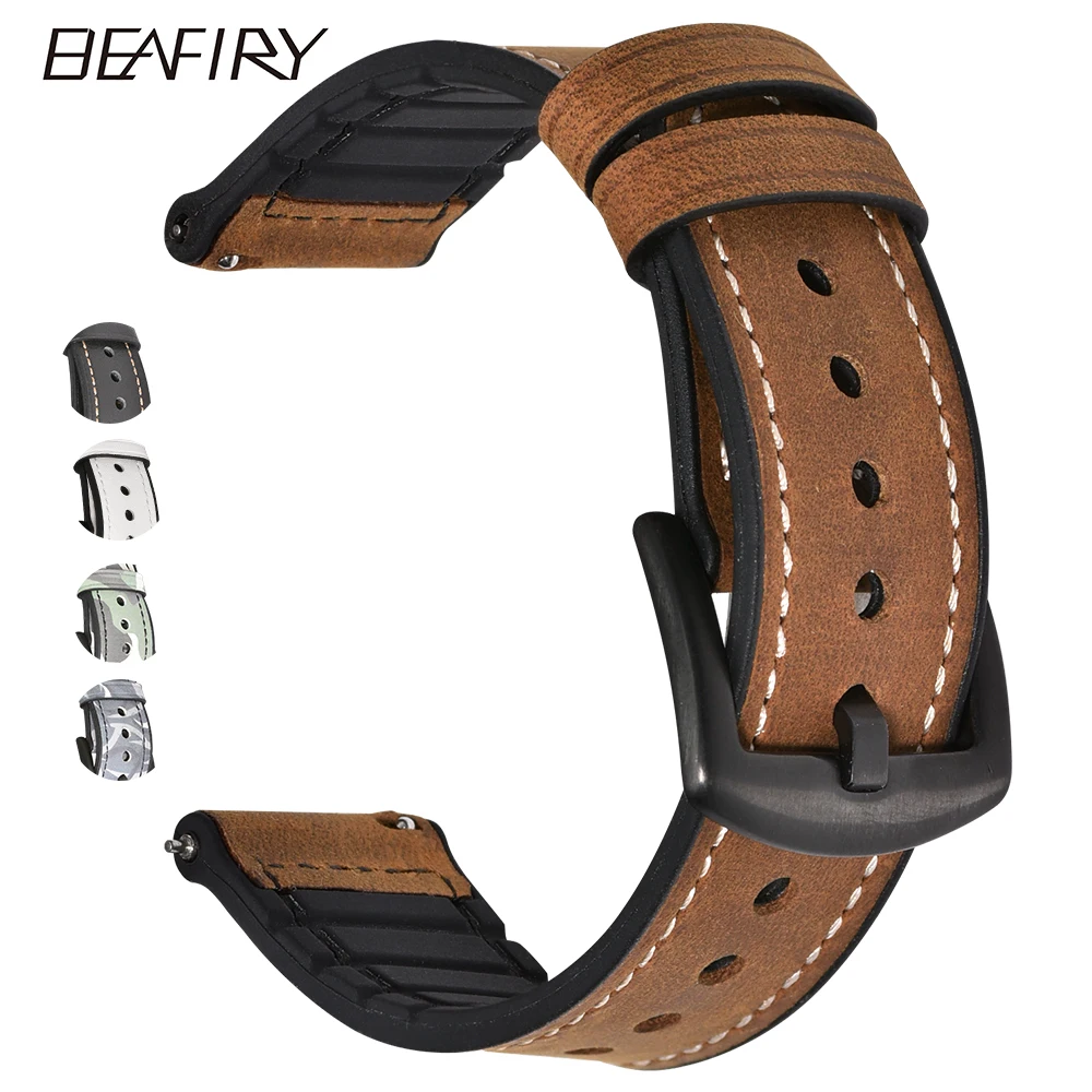BEAFIRY 20mm 22mm Genuine Leather+Silicone Rubber Watch Band Straps For Men Women Quick Release Spring Bar Watchbands Waterproof