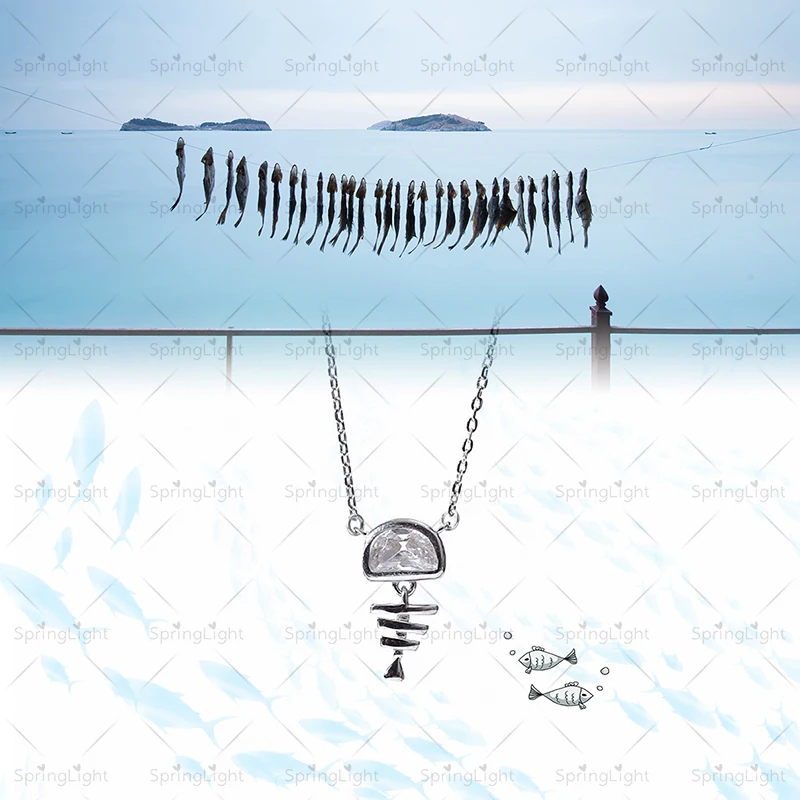 SpringLight Cute Fish Bone Pendant Real 925 Sterling Silver Handmade Design Fine Jewelry Simple Animal Necklace for Women Gift | Украшения