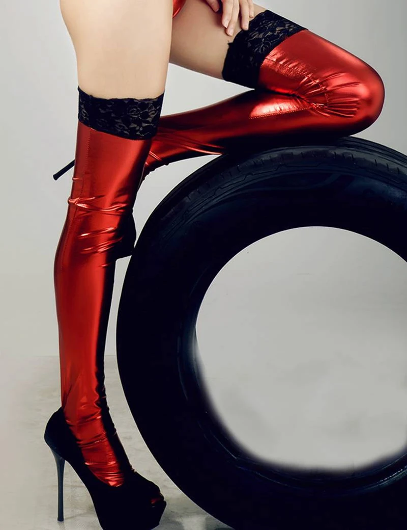Черные/красные/Серебристые глянцевые пикантные женские черные чулки с