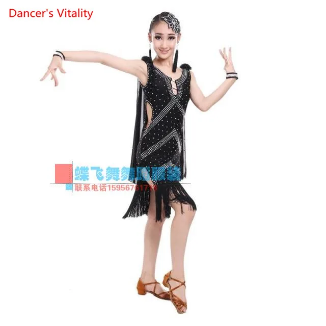

Sleeveless tassels dress Girls Deluxe diamond gauze Latin Dance clothes for Children/kid's Cha Cha/Rumba competition costumes