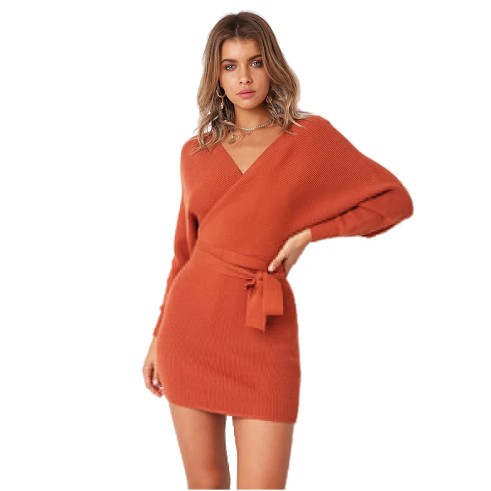 NORA TWIPS New Autumn Winter Women Sweater Dress Cross Double V-neck knitted Warm Dresses Sexy Bodycon Slim Belted |
