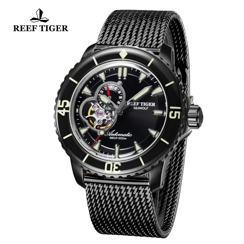 Reef Tiger/RT автоматические спортивные водонепроницаемые часы для мужчин ремешок из нержавеющей стали Супер Светящиеся работающие под водой часы RGA3039