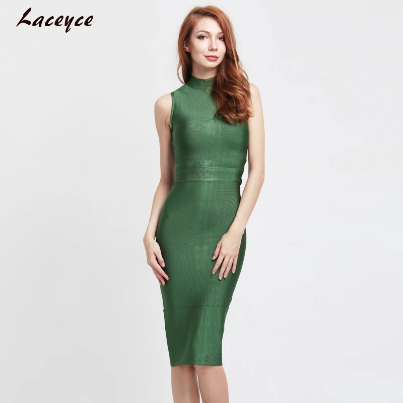 Laceyce 2018 New Arrival Elegant Bodycon Above O-Neck Knee-length Green Rayon Sexy Cap Bandage Dress Evening party dresses | Женская