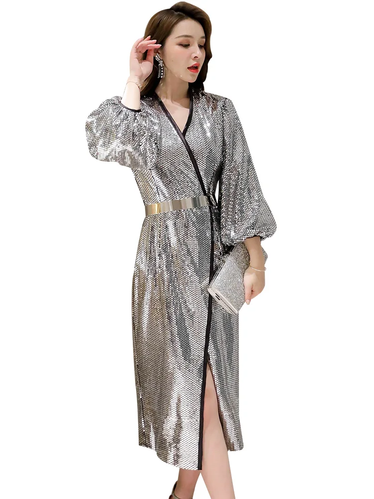 

Женское жесткое шикарное элегантное роскошное вечернее платье для шоу блестящее серебристое платье миди с металлическим блеском для подиума