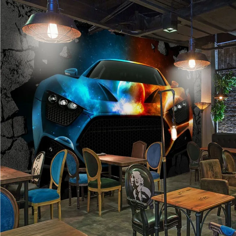 Пользовательские фото обои 3D стерео бар КТВ крутой автомобиль сломанной стены