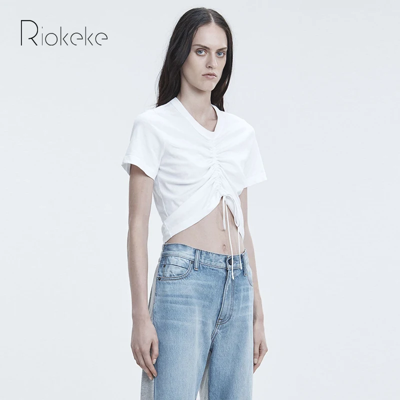 Riokeke укороченный топ короткая футболка для женщин из хлопка с завязками