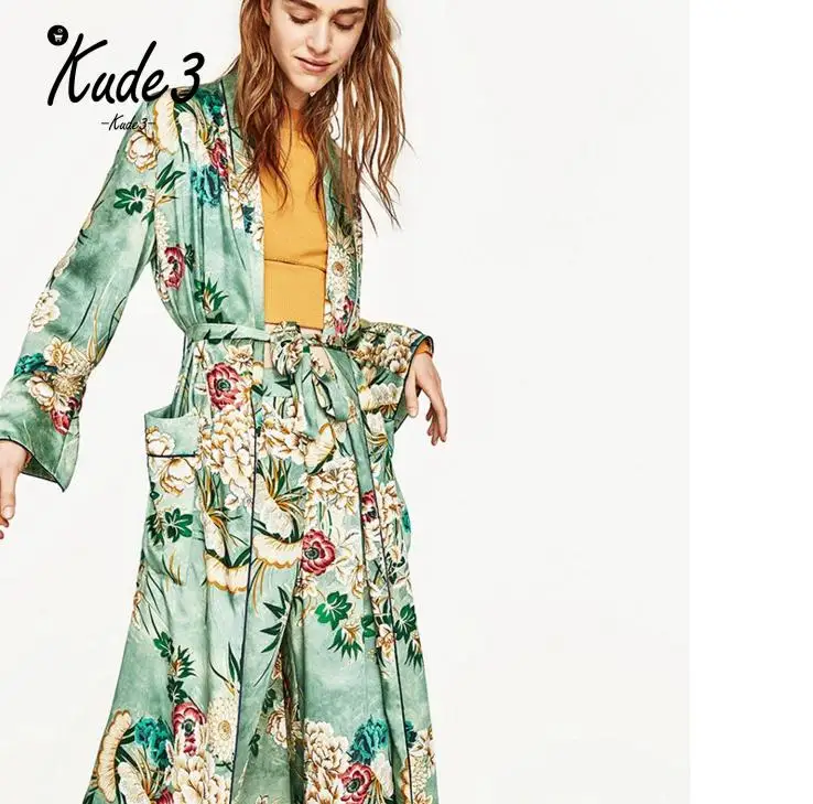 2019 Новое винтажное парео ретро цветочный принт Зеленое Длинное кимоно куртка