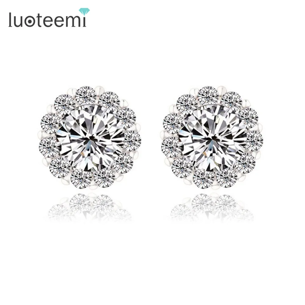 LUOTEEMI реальные Главный камень круглой огранки 6 мм 0.75ct CZ серьги гвоздики с