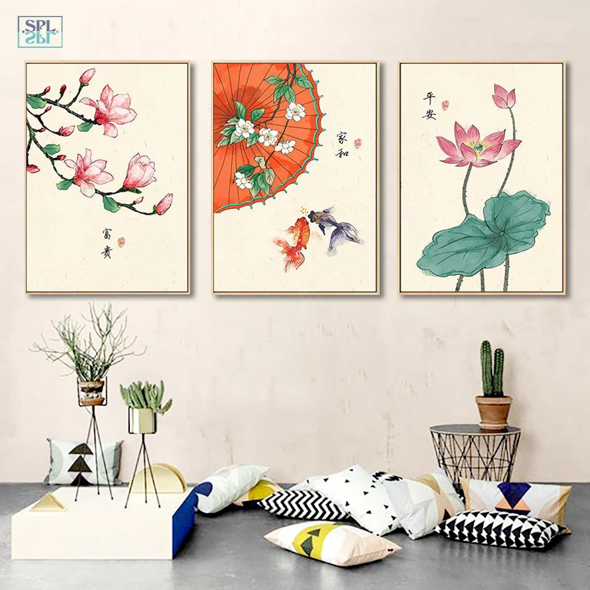 

SPLSPL Chinese Style Retro Flower Canvas Print Poster and Painting Lotus Magnolia Plants Home Decor Wall Art Picture for Bedroom