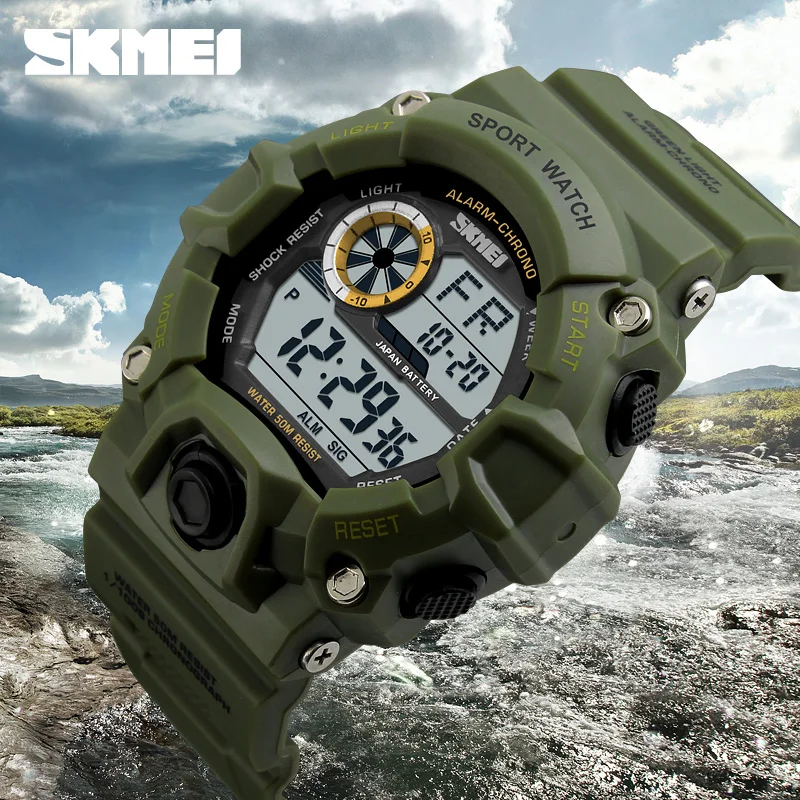 SKMEI Военные Спортивные часы для мужчин будильник 50 м водонепроницаемые LED