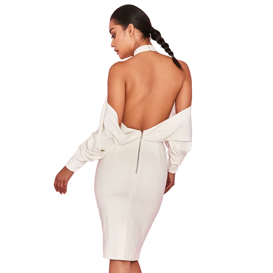 Драпированный воротник хомутиком без спины Bodycon Платье Лето Осень стройная талия