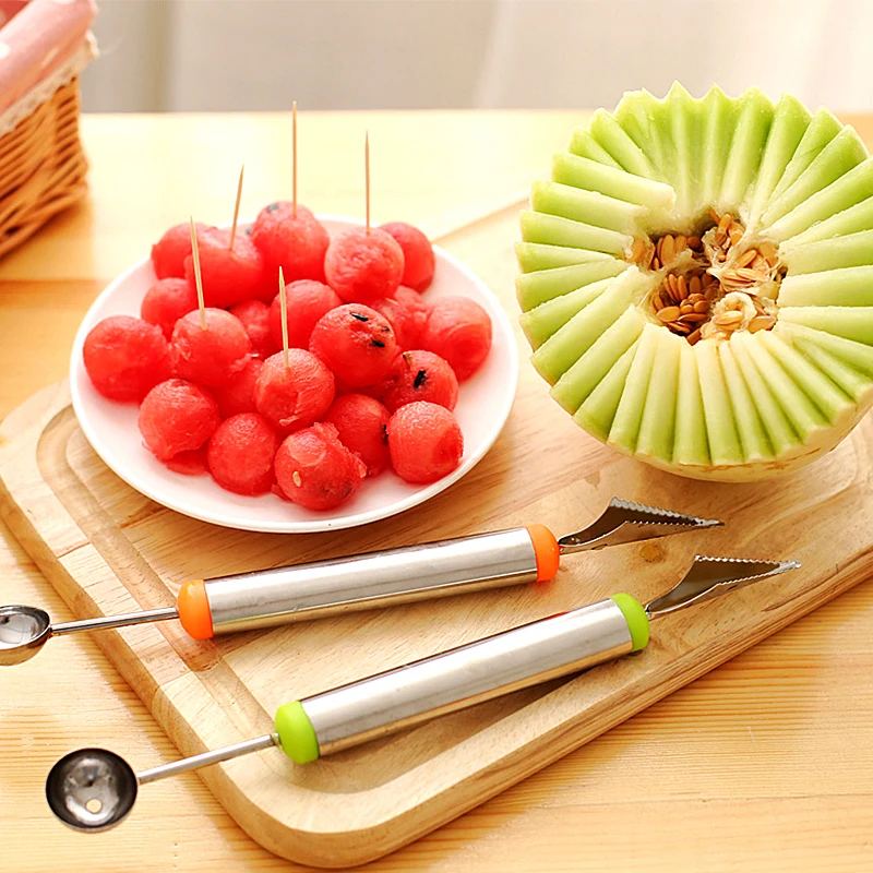 Double Head Stainless Steel Watermelon Digging Ball Kitchen Tool Watermelon Carving Knife Fruit Ice Cream Digging Ball Spoon