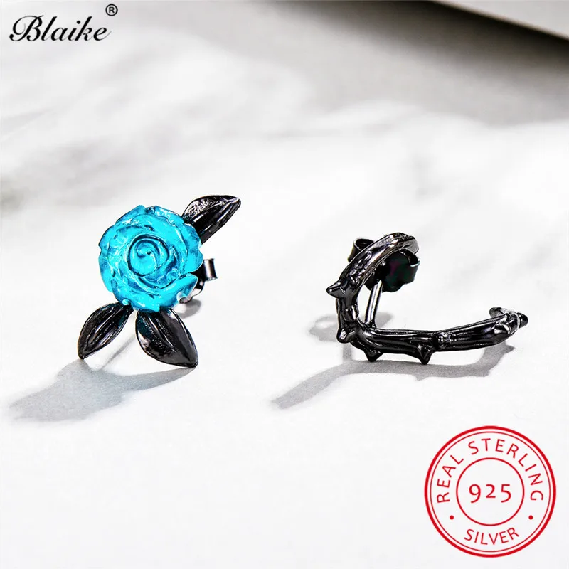 Женские серьги гвоздики с голубым цветком розы Blaike двойные из стерлингового