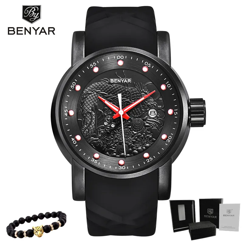 5115-Black1 BENYAR люксовый бренд Дракон Скульптура Дата Мужские кварцевые часы 30 м водонепроницаемый силиконовый ремешок модные мужские часы Relogio Masculino - Цвет: 5115-Black1