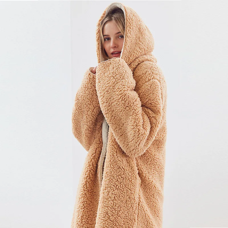

Warm Hooded Lambs Fur Jacket Reversible Velvet Parka Fleece Double Sides lambswool Coat hoodie Bomber Cardigan Trench Coats Tops