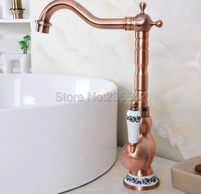 

Swivel Spout Antique Red Copper Bathroom Faucet Deck Mounted Single Handle Cold and Hot Water Taps Basin / Sink Faucets lnf638