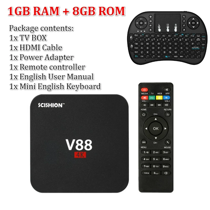 1G Black EU Keyboard SCISHION V88 Android tv Box IP tv ОС Android 9,0 1 ГБ ОЗУ 8 Гб RK3229 четырехъядерный 1080P WiFi HDMI смарт ТВ приставка медиаплеер - Цвет: 1G Black EU Keyboard