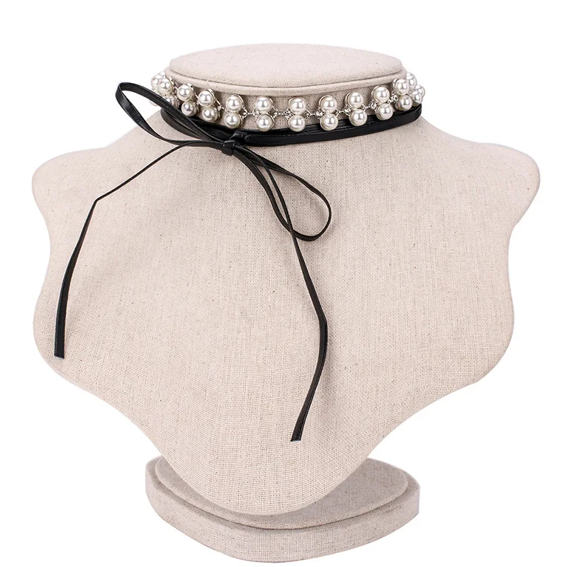 

2017 New Fashion Hot Sale Facebook Rhinestone Pearl Beads Leather Chokers Luxury Wedding Accessory Statement Necklace