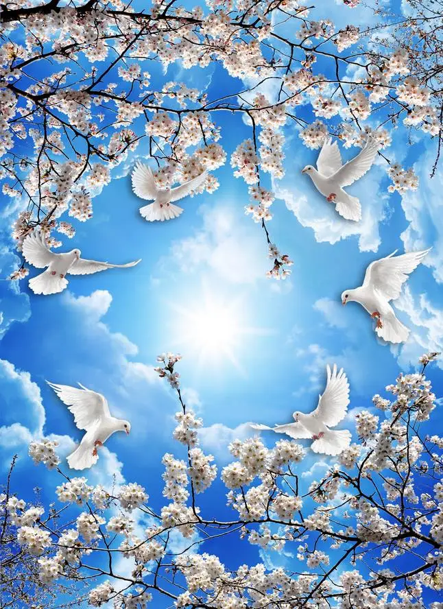 Домашний Декор 3d обои на заказ синее небо и белые облака Вишневое дерево 3D