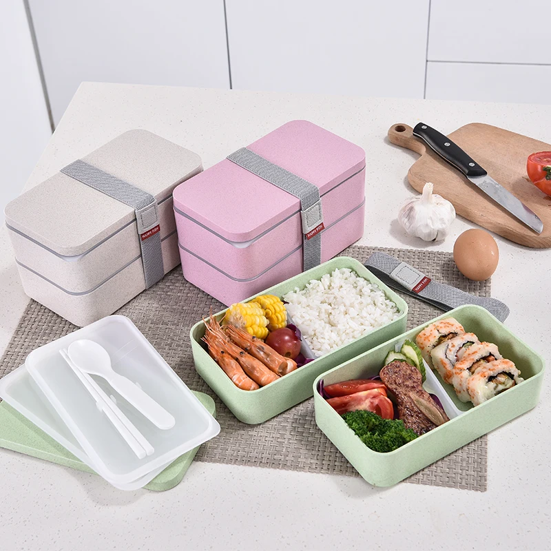 

1200ml Wheat Straw Double Layers Lunch Box With Spoon Healthy Material Bento Boxes Microwave Food Storage Container Case