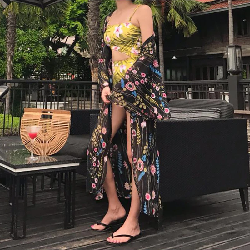 Женское платье миди CHICEVER с принтом и длинным рукавом треугольным вырезом