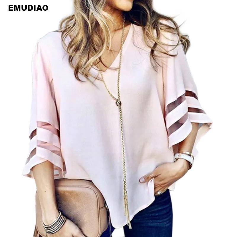 Plus Size S-XXXXXL Mesh Patchwork V-neck Flared Sleeves Solid Chiffon Blouses Women Summer Fashion Loose Shirt |