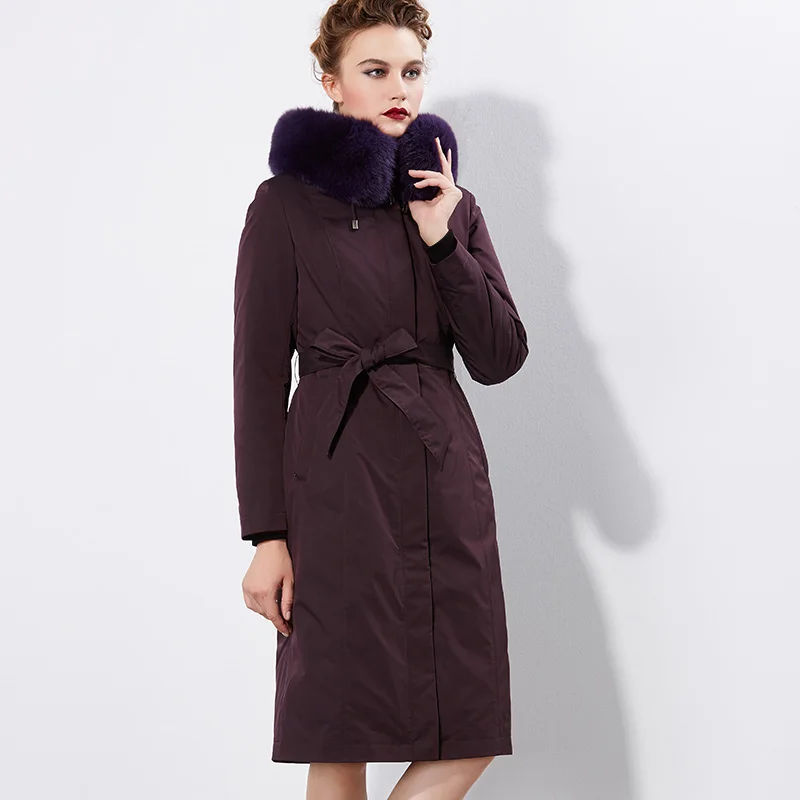 Пуховик с меховым воротником женский длинный дизайн выше колена уплотненный