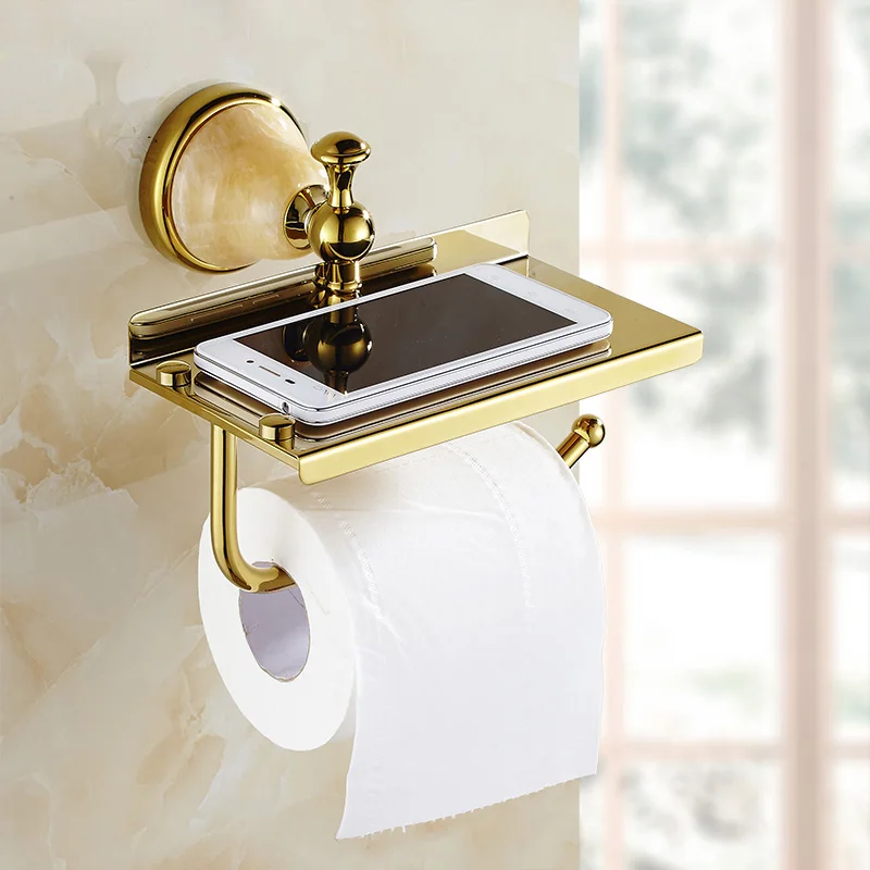 Оптом и в розницу Золотая Нефритовая Туалетная рулонная бумага стойка с телефон полка настенный держатель