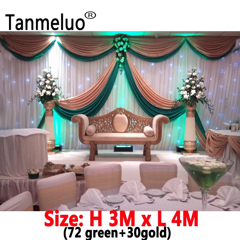 

3x4M ice silk wedding backdrop drape with swags gold and green wedding backdrops curtain for event party decoration