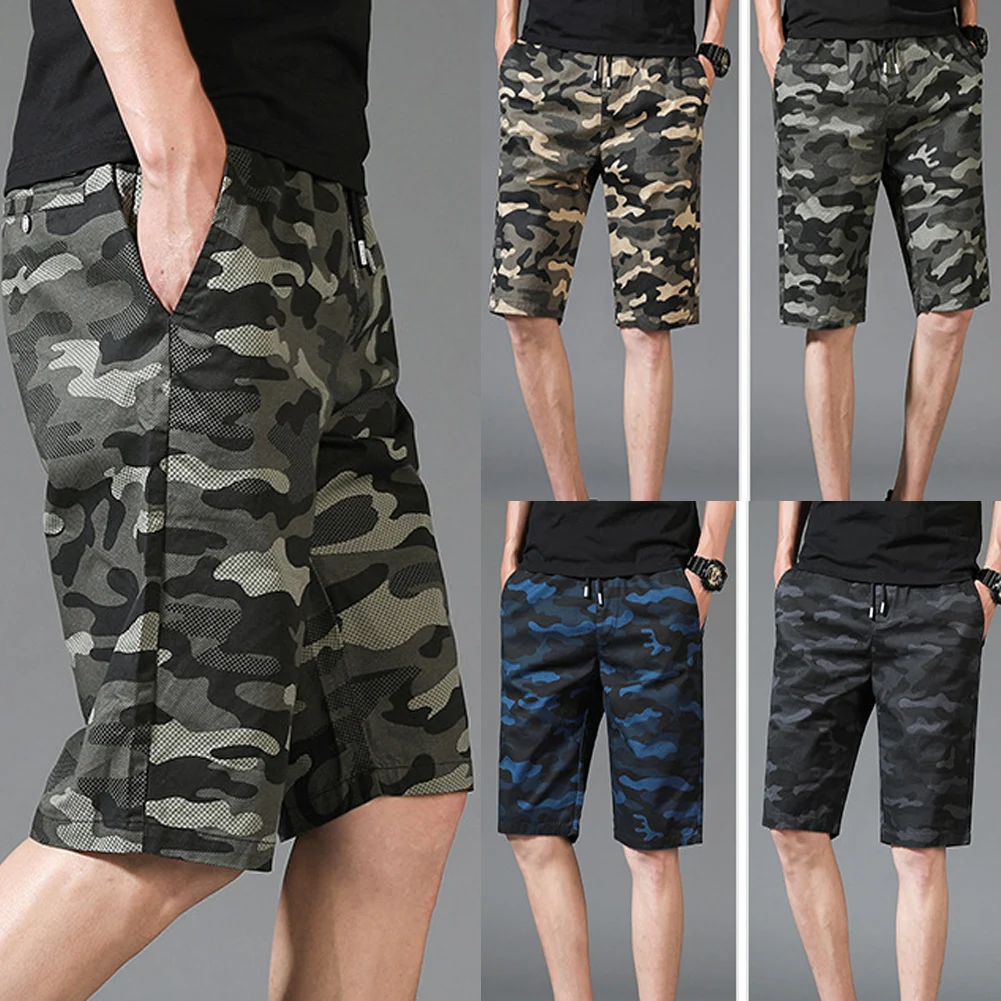 

Men'S Shorts Camouflage Pocket Drawstring Summer Loose Shorts Mid Waist 4Xl Size Plus Dark Green Casual Knee Length Shorts 2018
