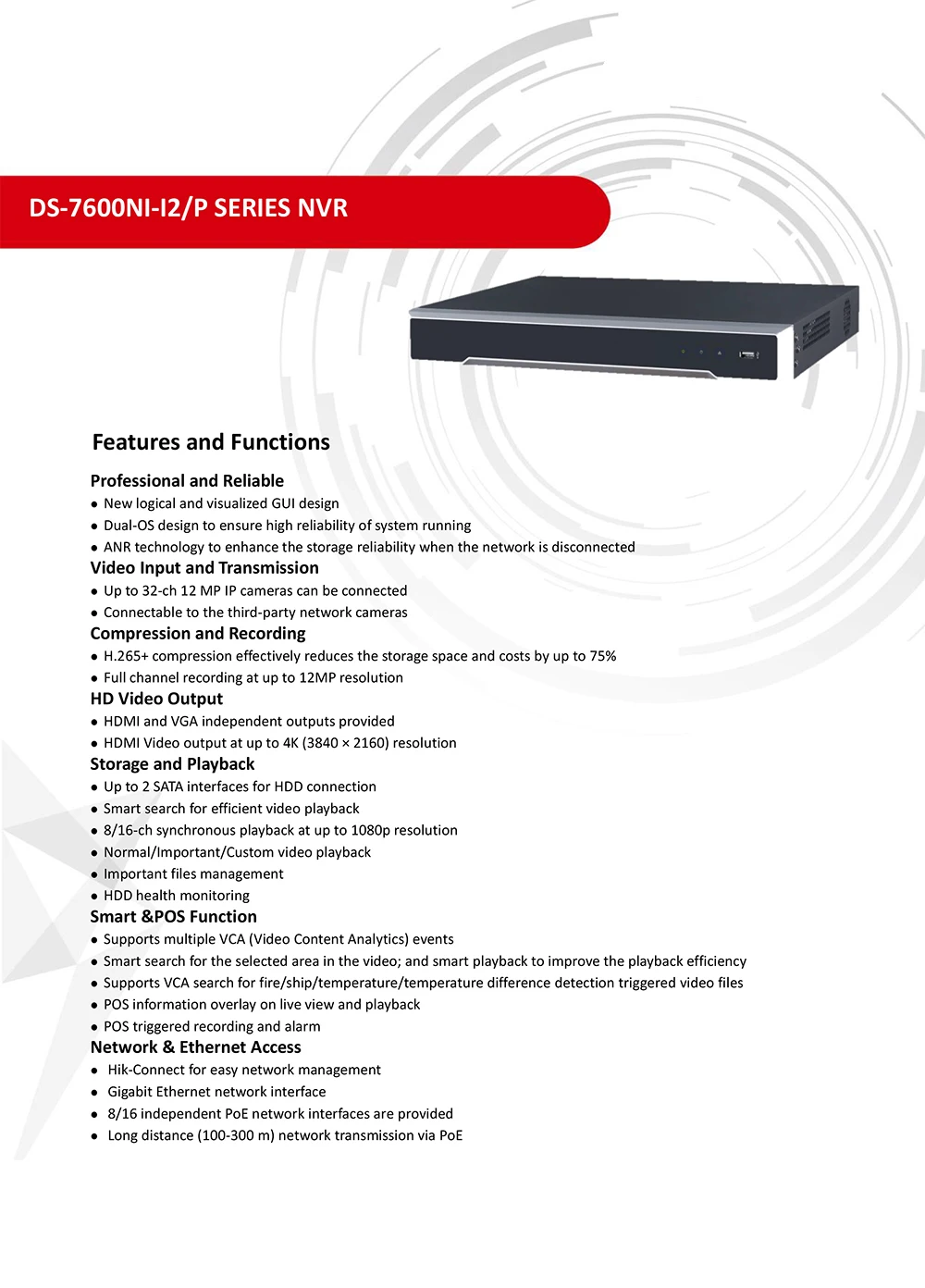 Hikvision 8ch CCTV рекордер PoE NVR DS-7608NI-I2/8 P 8-канальный встроенный Plug& Play 4K сетевой видеорегистратор с 8 PoE портом H.265