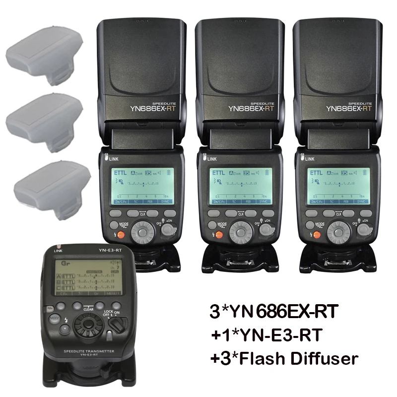 3 шт. YONGNUO YN686EX RT Авто TTL HSS Вспышка Speedlite + YN E3 контроллер для Canon 5DIV 5D3 5D2 7D Mark II 6D 70D 60D